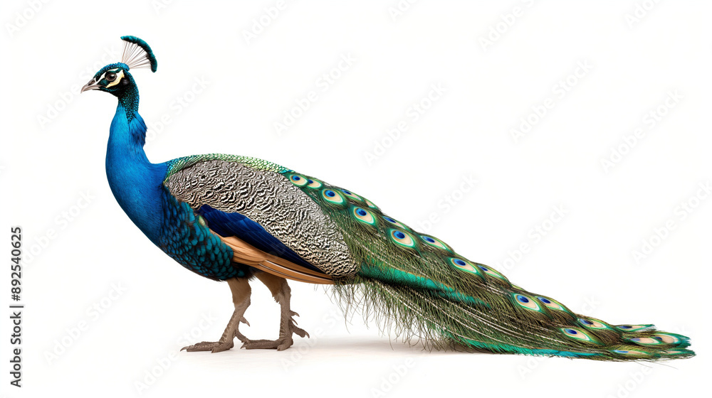 Fototapeta premium A peacock with feathers of blue and green, standing on its hind legs, against the background of a white sky, in the minimalist style, with intricate details and high resolution