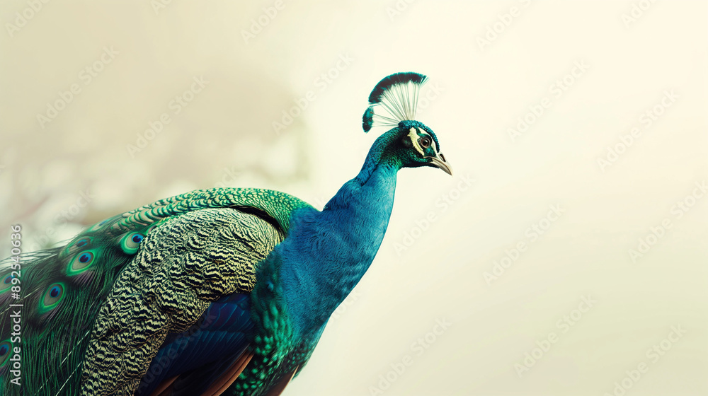 Obraz premium A peacock with feathers of blue and green, standing on its hind legs, against the background of a white sky, in the minimalist style, with intricate details and high resolution