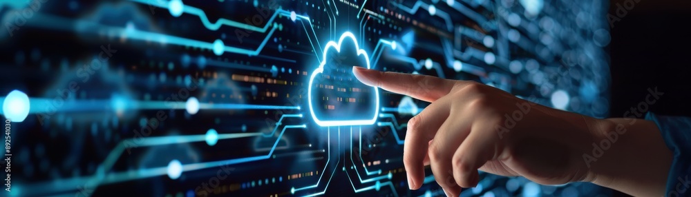 Person interacting with a digital cloud interface. Concept of cloud computing, technology, data storage, and innovation. Person interacting with a digital cloud interface. Concept of cloud computing, technology, data storage, and innovation.