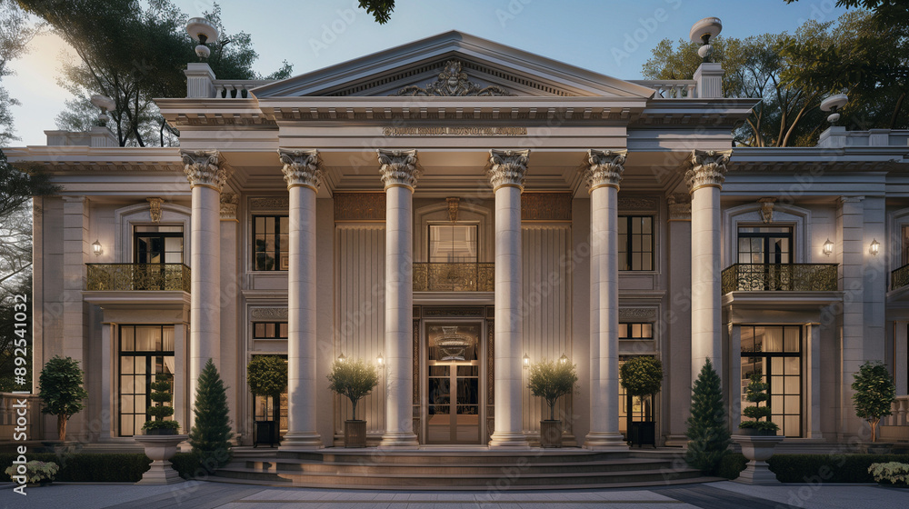 Obraz premium an elegant neoclassical mansion with large columns and a grand entrance, incorporating elements of architectural harmony to create a sophisticated exterior for the home