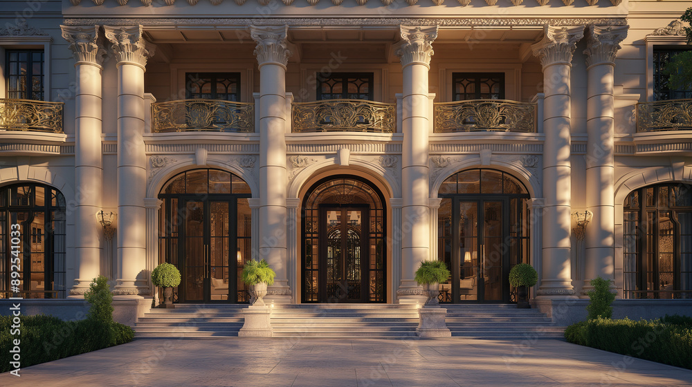 Obraz premium an exterior view of the entrance to a luxury mansion in New York City, showcasing grand columns and ornate details