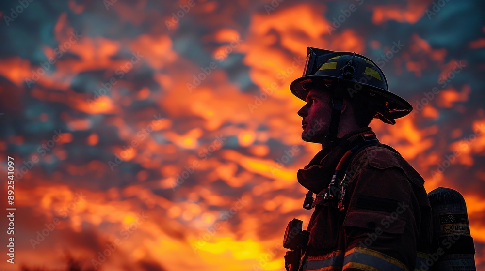 A firefighter silhouetted against the sky A firefighter silhouetted against the sky