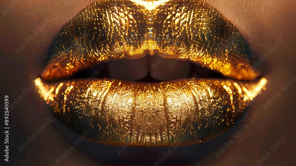 Golden lips made of metal shine in a close-up. The lips have a beautiful golden gloss on them, creating a stunning and unique look. Golden lips made of metal shine in a close-up. The lips have a beautiful golden gloss on them, creating a stunning and unique look.