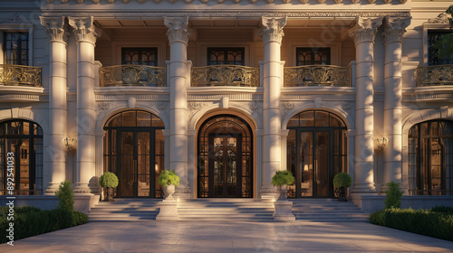 an exterior view of the entrance to a luxury mansion in New York City, showcasing grand columns and ornate details
