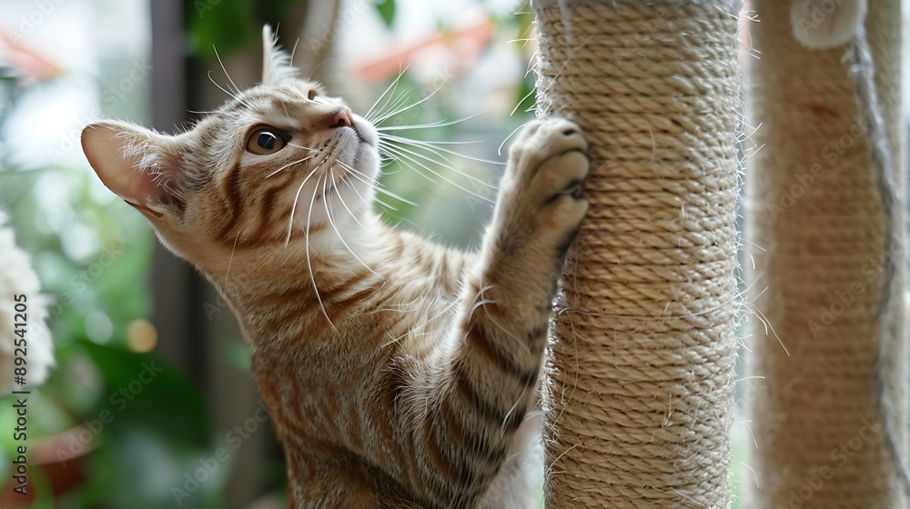 A domestic cat plays on a scratching post in the room A domestic cat plays on a scratching post in the room