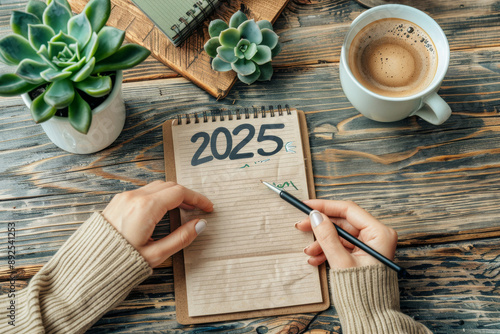 Woman Writing 2025 Goals On Notebook At Wooden Table photo