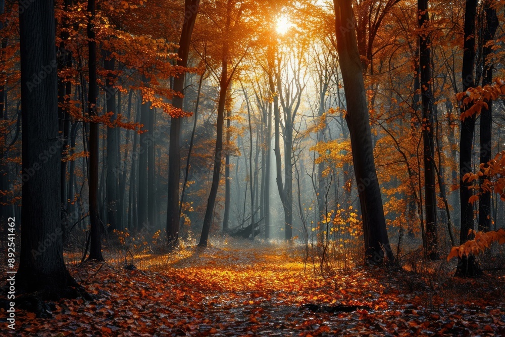 Fototapeta premium Tranquil autumnal forest with vibrant fall colors and sunlight at sunrise