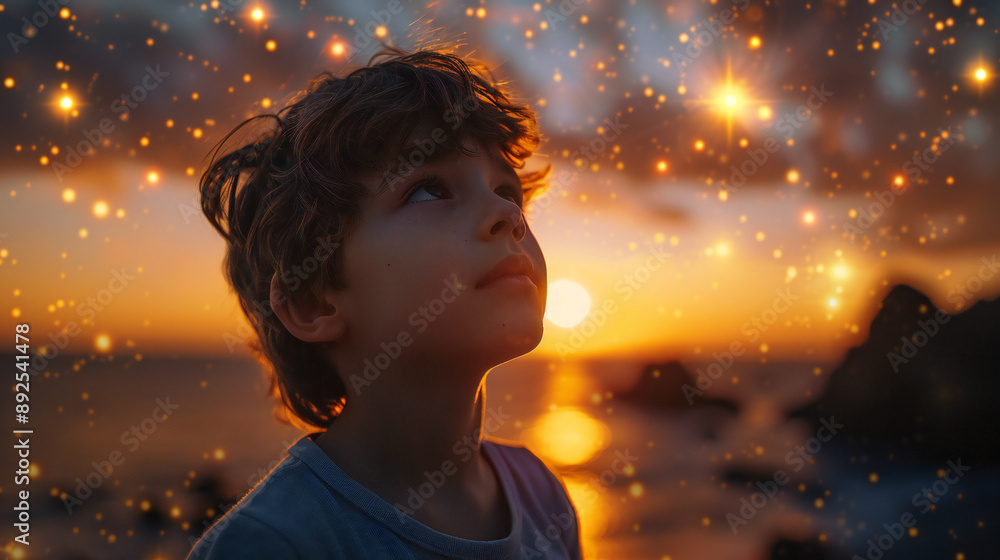 Little boy looks at the sky on the sunset with fairy light. Little boy looks at the sky on the sunset with fairy light.