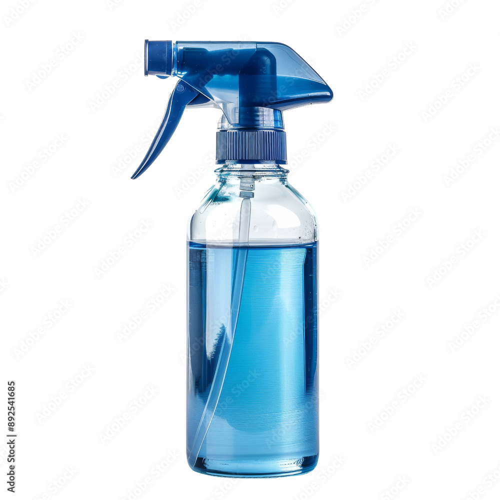 Blue Spray Bottle with Clear Liquid Isolated Without Background. Blue Spray Bottle with Clear Liquid Isolated Without Background.