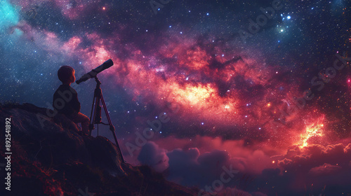 A little boy looks through a telescope under the bright Milky Way galaxy.