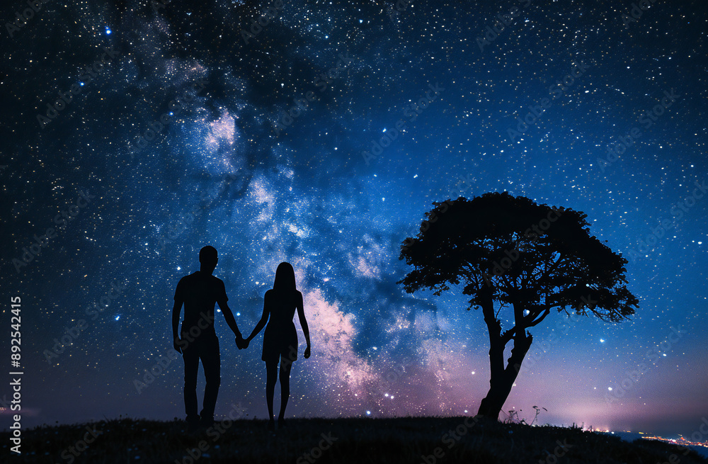 Fototapeta premium Night landscape. Couple in love standing on the hill, and looking at the Milky Way galaxy .