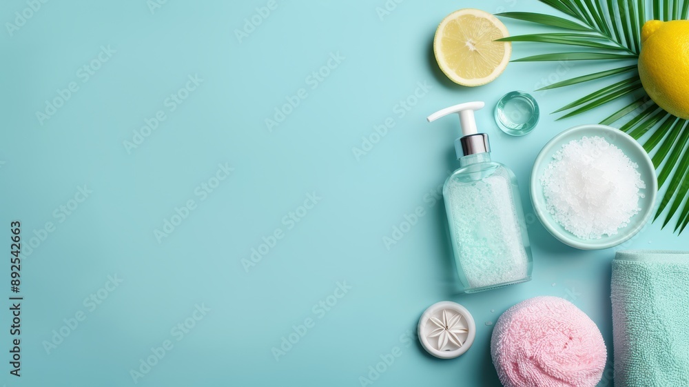 Spa and Wellness Background with Bath Accessories, Lemon, and Palm Leaves on Light Blue Background - Relaxation and Self-Care Concept Spa and Wellness Background with Bath Accessories, Lemon, and Palm Leaves on Light Blue Background - Relaxation and Self-Care Concept