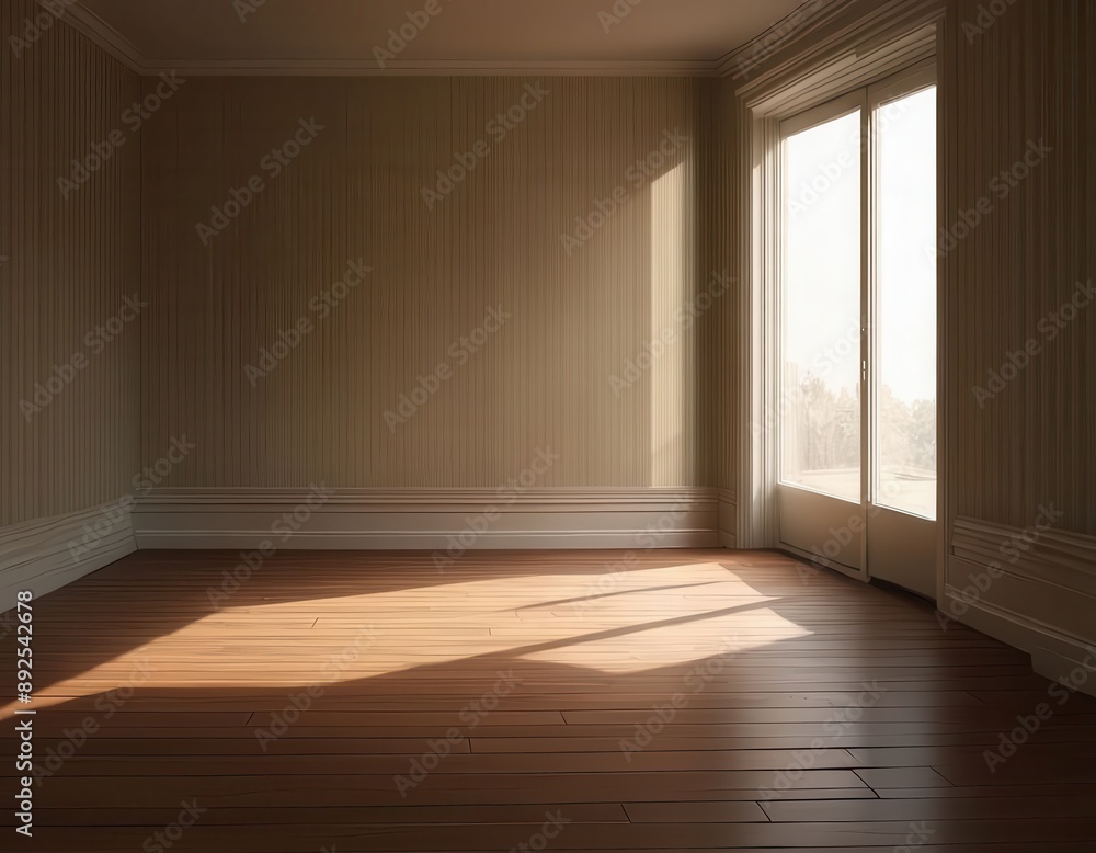 Fototapeta premium Sunlit Empty Room with Wooden Floor and Striped Wallpaper
