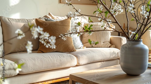 Sophisticated living room design with a modern sofa and a coffee table adorned with fresh blooming branches, creating a serene ambiance