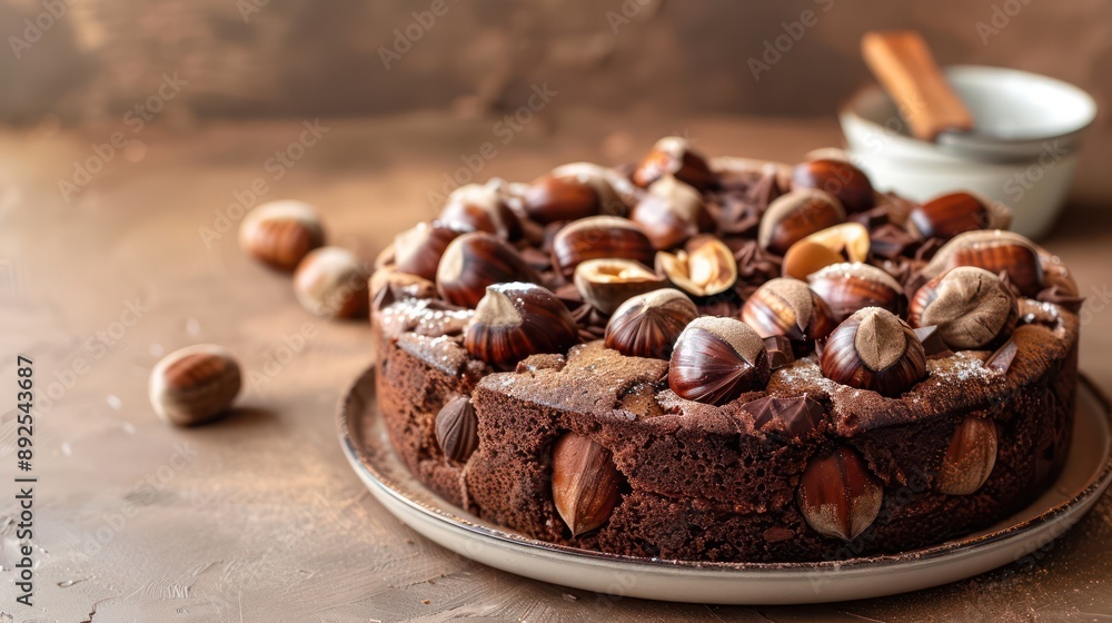 rustic chestnut and chocolate cake with roasted chestnuts on a soft brown background, inviting and perfect for cozy text rustic chestnut and chocolate cake with roasted chestnuts on a soft brown background, inviting and perfect for cozy text