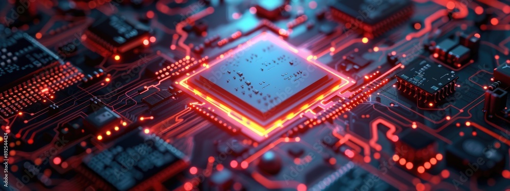 AI chip glows with energy and power, futuristic red processor of artificial intelligence radiates tech light. Concept of computer technology AI chip glows with energy and power, futuristic red processor of artificial intelligence radiates tech light. Concept of computer technology