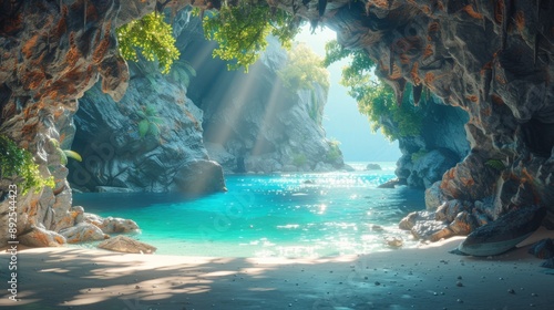 Fototapeta Naklejka Na Ścianę i Meble -  A hidden beach inside a coastal cave, with sunlight streaming through an opening in the rock. 