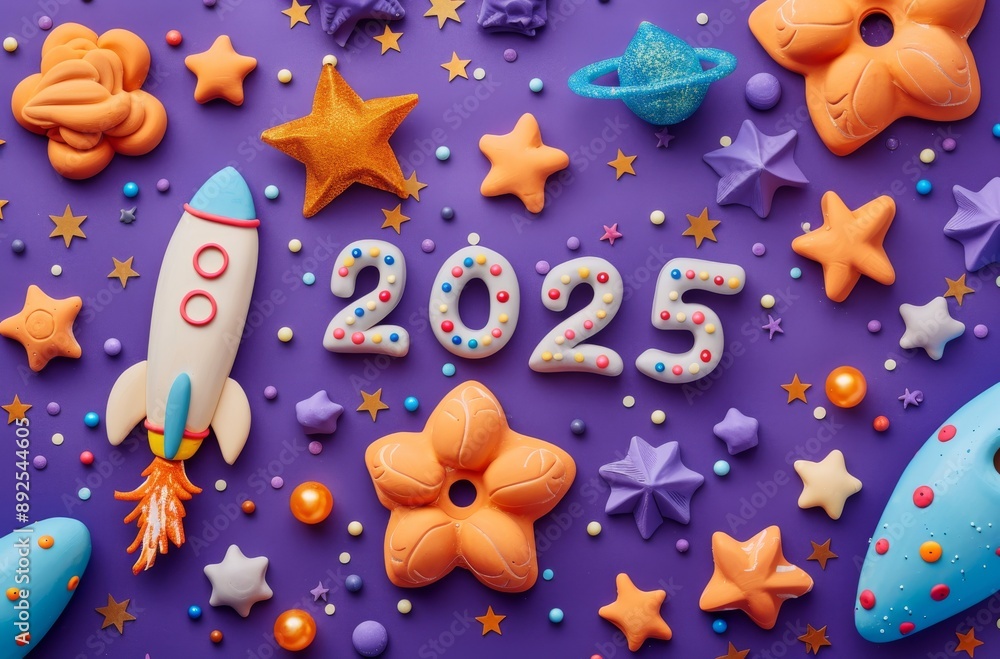 Fototapeta premium Colorful Playdough Space-Themed New Year 2025 Celebration