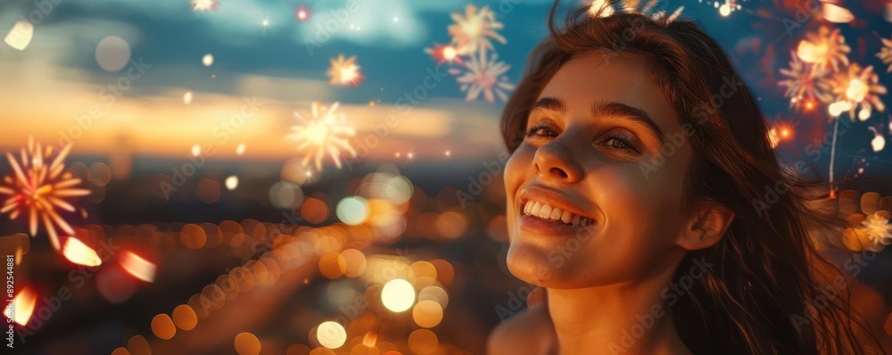 A woman smiles in wonder as she watches fireworks in the night sky. A woman smiles in wonder as she watches fireworks in the night sky.
