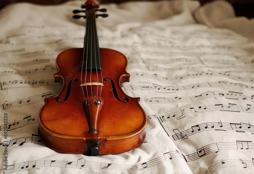 Fototapeta premium Violin on a bed with music notes
