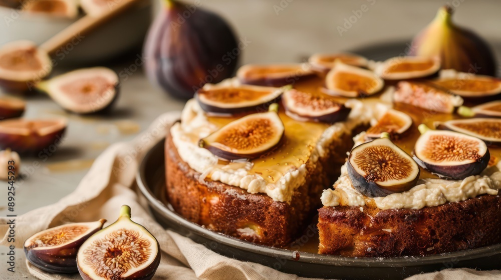 rustic honey and fig cake with fig slices on a soft tan background, inviting and perfect for warm text rustic honey and fig cake with fig slices on a soft tan background, inviting and perfect for warm text