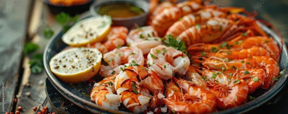 Close-up of a platter of cooked shrimp, lemons, and herbs. Close-up of a platter of cooked shrimp, lemons, and herbs.