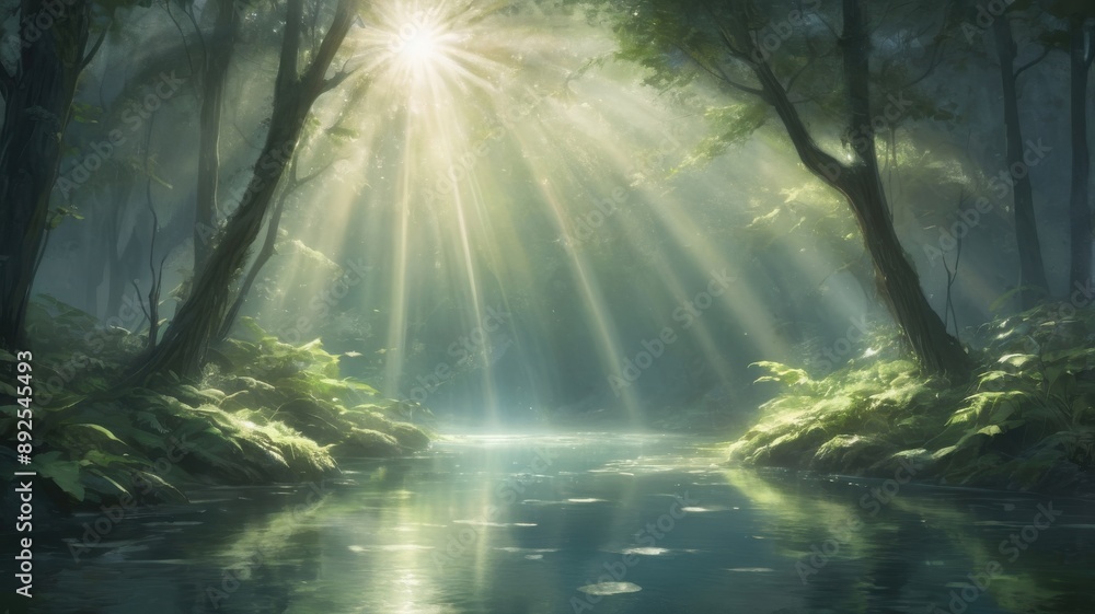 Obraz premium Sunbeams Shining Through Dense Forest Canopy Onto Still River