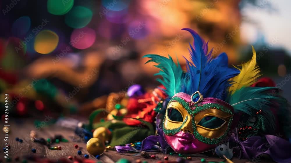 Carnival mask with colorful beads on the street in Venice, Italy. Mardi Gras background. Carnival mask with colorful beads on the street in Venice, Italy. Mardi Gras background.
