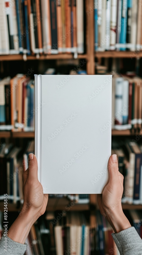 Hand holding a blank white book cover in a bookstore Hand holding a blank white book cover in a bookstore