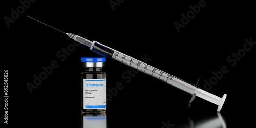 Photography Single testosterone steroid vial with syringe on black background, anabolic ster