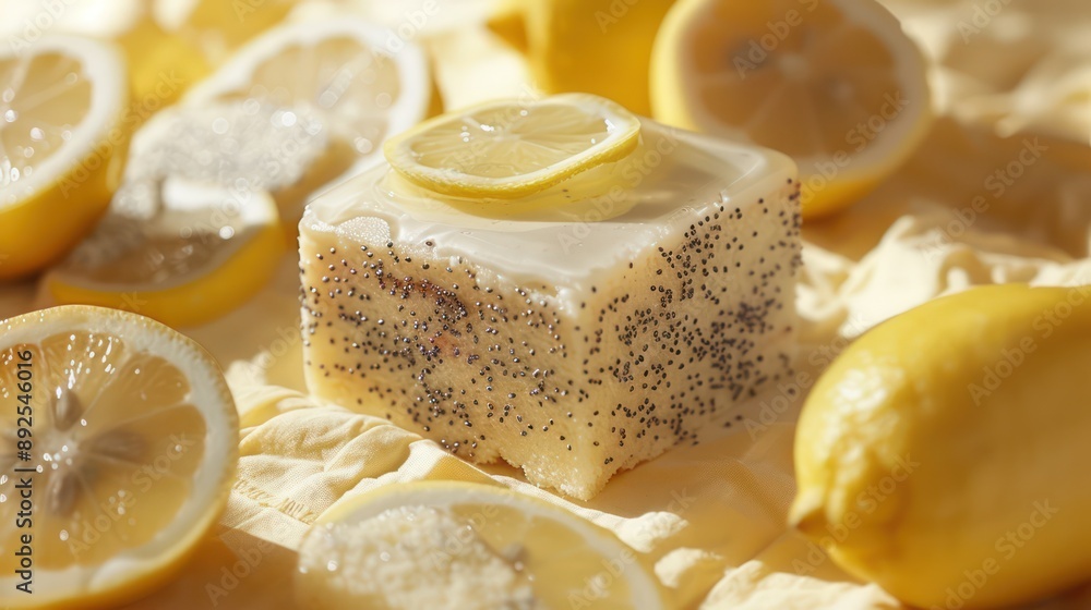 rustic lemon and poppy seed cake with lemon slices on a soft yellow background, refreshing and perfect for spring text rustic lemon and poppy seed cake with lemon slices on a soft yellow background, refreshing and perfect for spring text