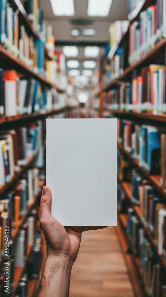 Hand holding a blank white book cover in a bookstore Hand holding a blank white book cover in a bookstore