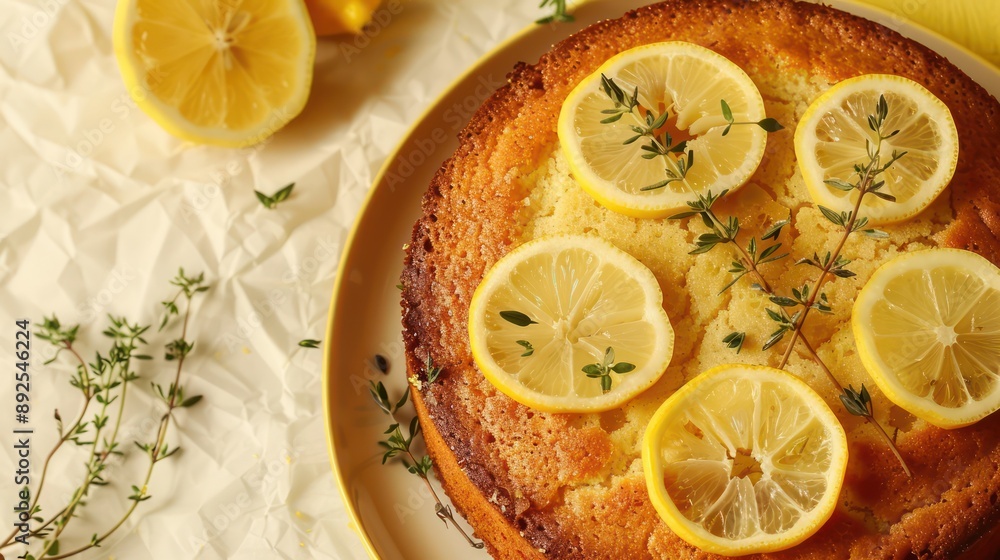 rustic lemon and thyme cake with fresh thyme sprigs on a light yellow background, refreshing and perfect for spring gatherings rustic lemon and thyme cake with fresh thyme sprigs on a light yellow background, refreshing and perfect for spring gatherings