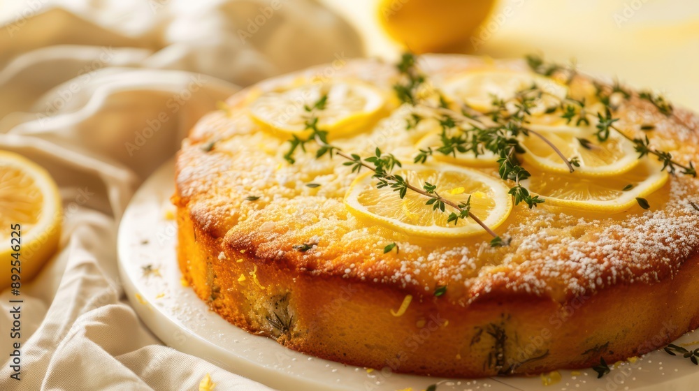 rustic lemon and thyme cake with fresh thyme sprigs on a light yellow background, refreshing and perfect for spring gatherings rustic lemon and thyme cake with fresh thyme sprigs on a light yellow background, refreshing and perfect for spring gatherings