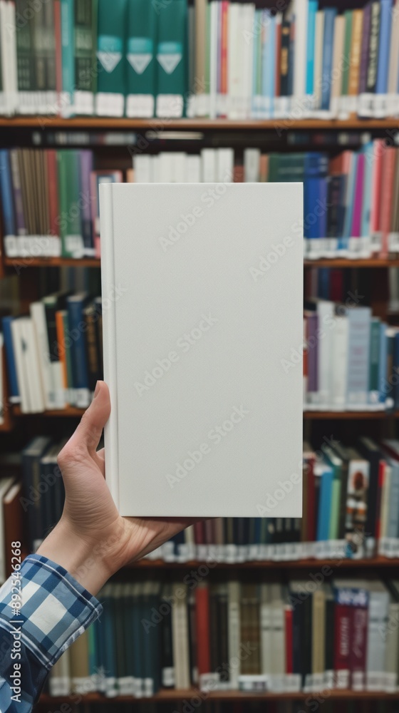 Hand holding a blank white book cover in a bookstore Hand holding a blank white book cover in a bookstore