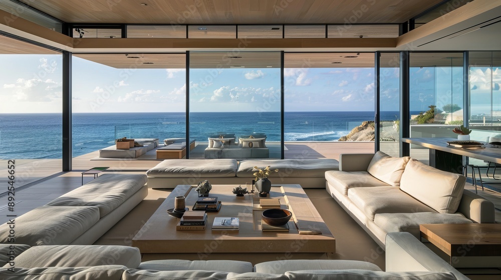 Fototapeta premium Stylish living room in a luxurious modern home offers breathtaking ocean views.
