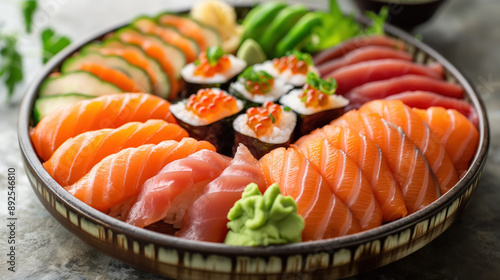 Beautifully arranged sushi platter with various types of fresh fish, rice, and garnishes, presented in a circular dish, highlighting Japanese culinary art.