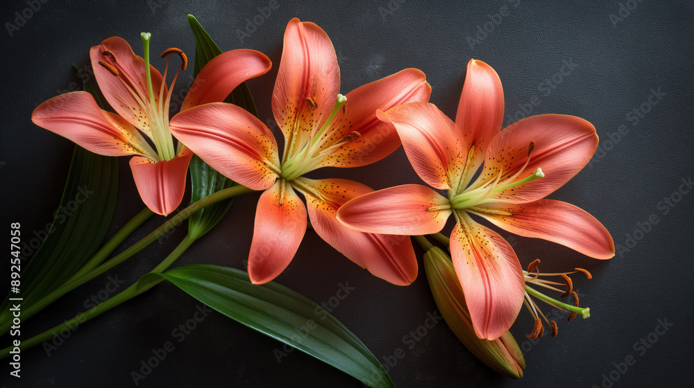 Obraz premium Three vibrant orange lilies on dark background, highlighting their detailed petals and green leaves, exuding elegance and natural beauty.