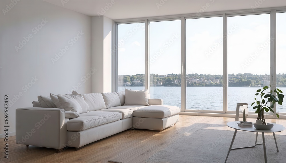 Fototapeta premium Modern Living Room with View of Lake and City Skyline
