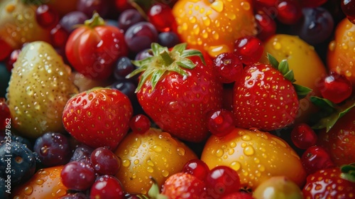 Close-up of fresh, ripe summer fruit and berries, covered in water droplets.