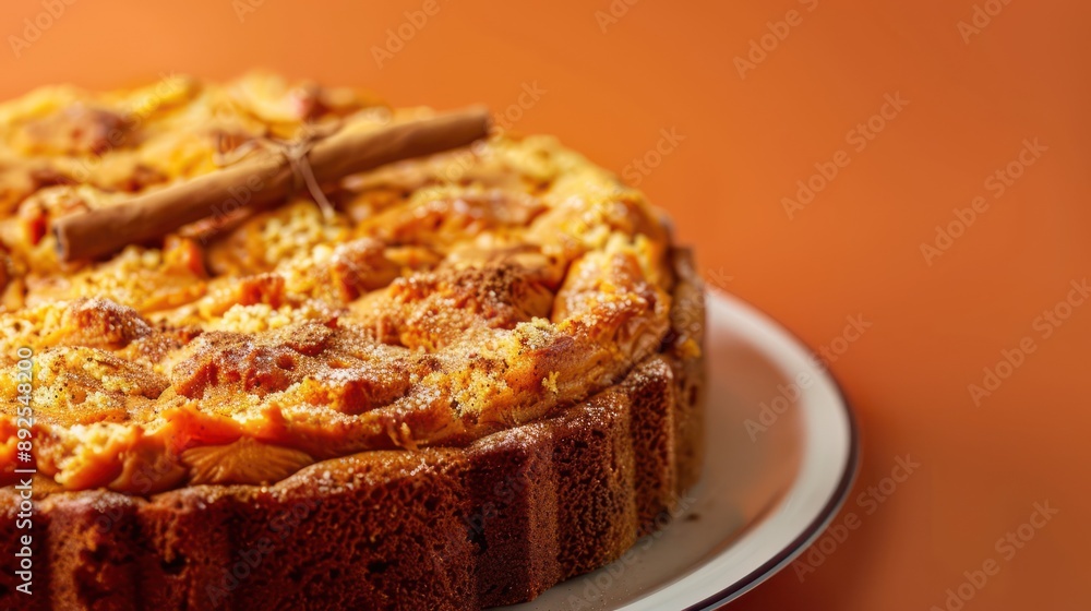 rustic pumpkin and spice cake with a cinnamon stick garnish on a deep orange background, cozy and perfect for autumn celebrations rustic pumpkin and spice cake with a cinnamon stick garnish on a deep orange background, cozy and perfect for autumn celebrations