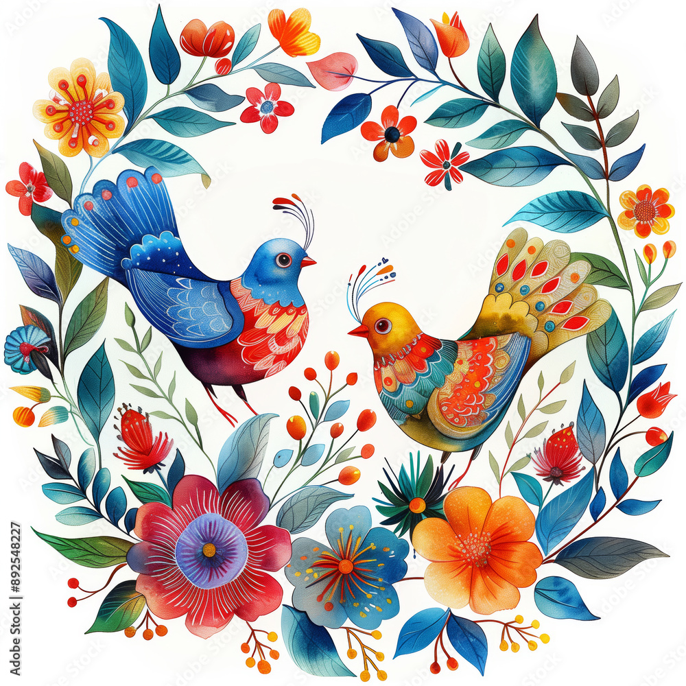 Two birds on a branch with flowers Beautiful watercolor painting folk art illustration on white background Ukranian style Two birds on a branch with flowers Beautiful watercolor painting folk art illustration on white background Ukranian style