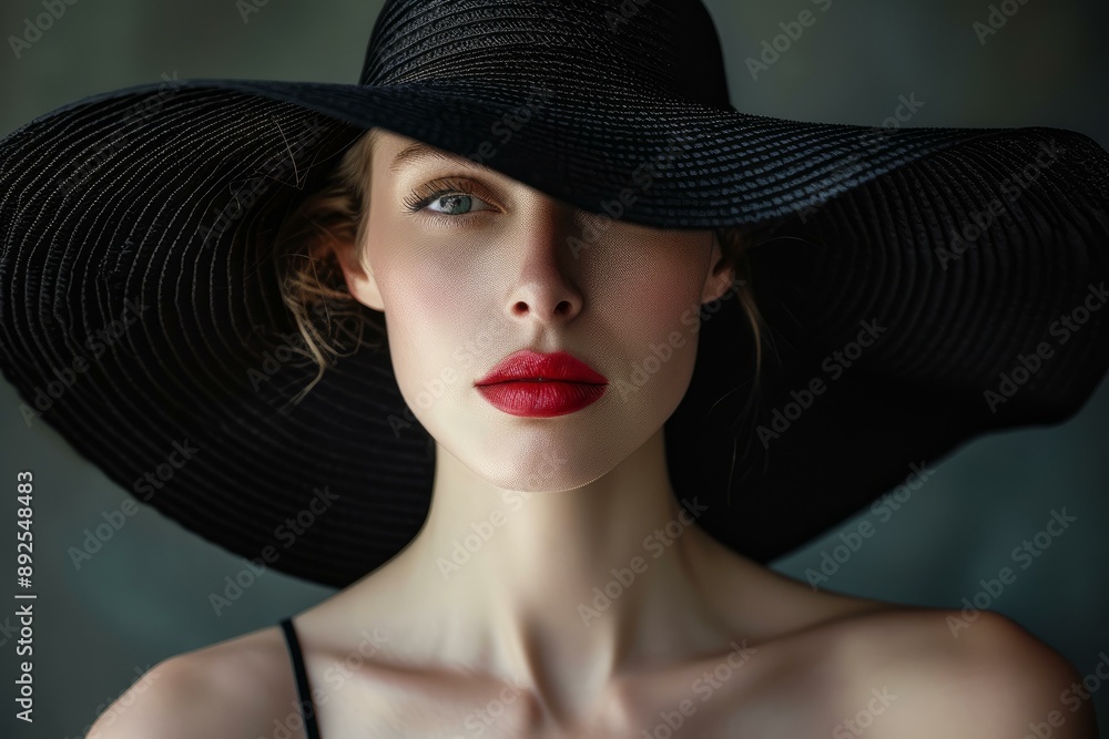 Close-up of a woman with red lips and a large hat shrouding her eyes Close-up of a woman with red lips and a large hat shrouding her eyes