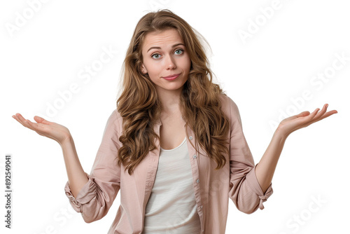 Woman shrugs,confused about something,isolated on white background,web banner