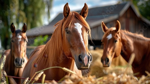 Horses in a stable, barn background, © songwut