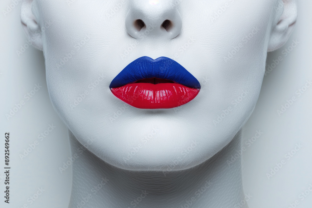 portrait of a woman with a red and blue lips shades of gray portrait of a woman with a red and blue lips shades of gray