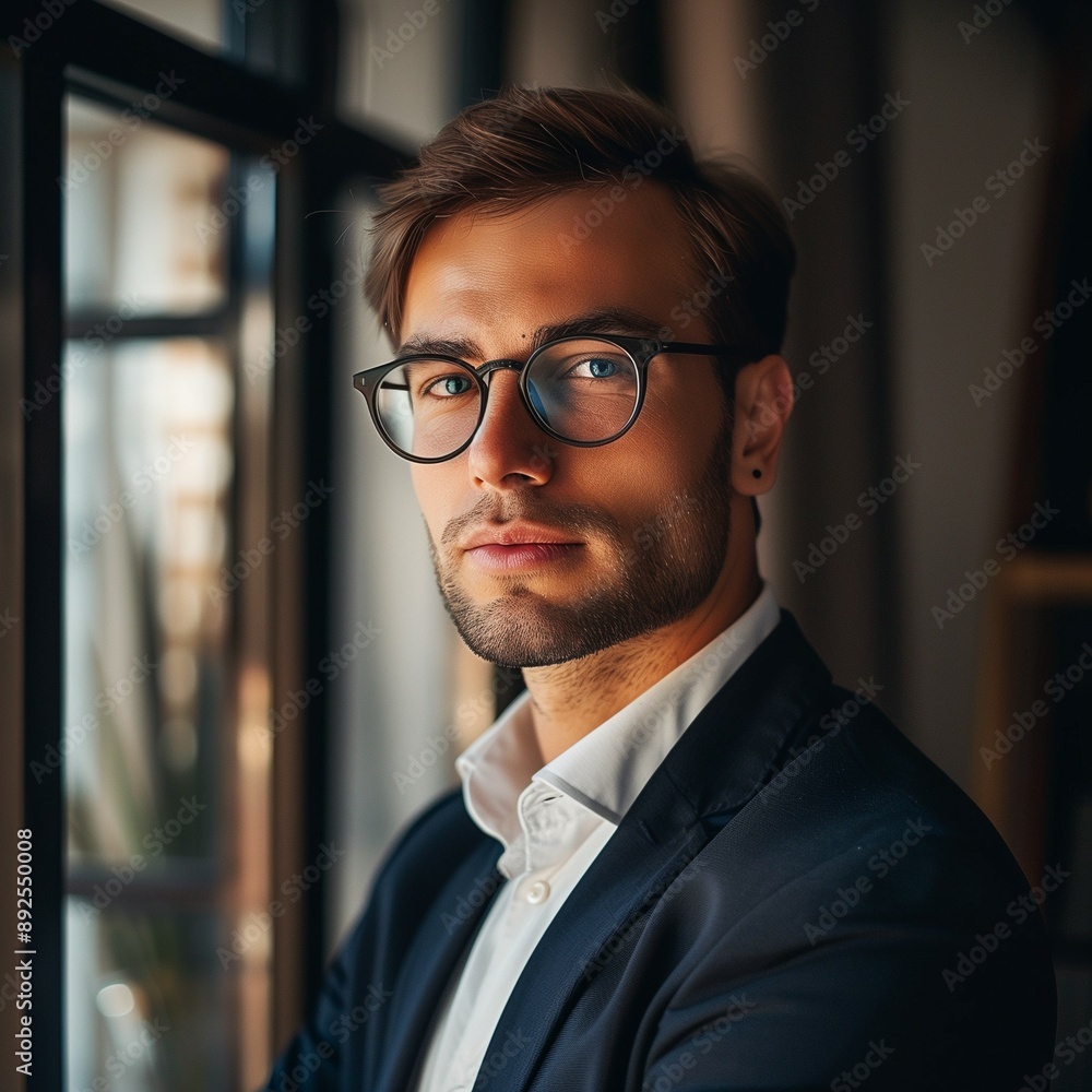 Businessman with glasses looking out window Businessman with glasses looking out window