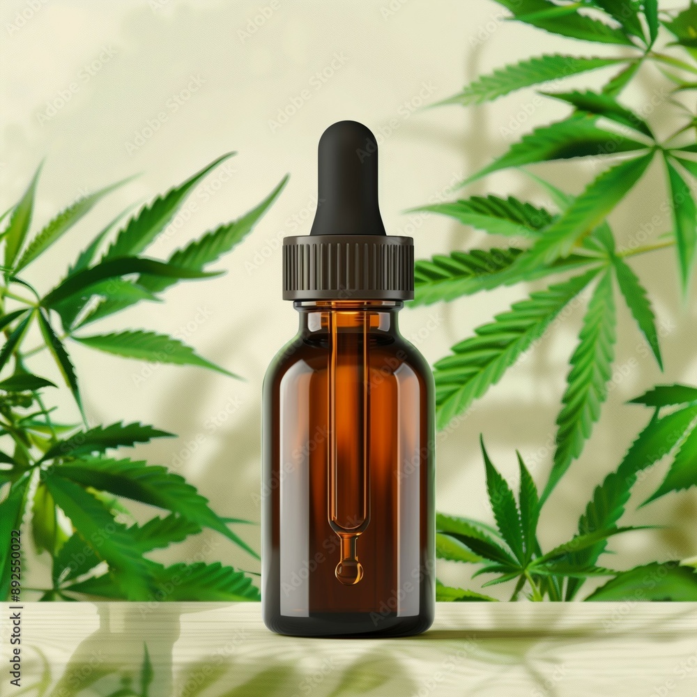 Amber CBD oil bottle with cannabis leaves for natural and holistic wellness product Amber CBD oil bottle with cannabis leaves for natural and holistic wellness product