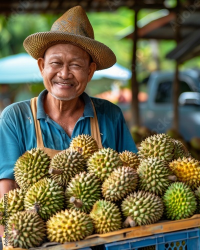 Durian seller at durian stall photo