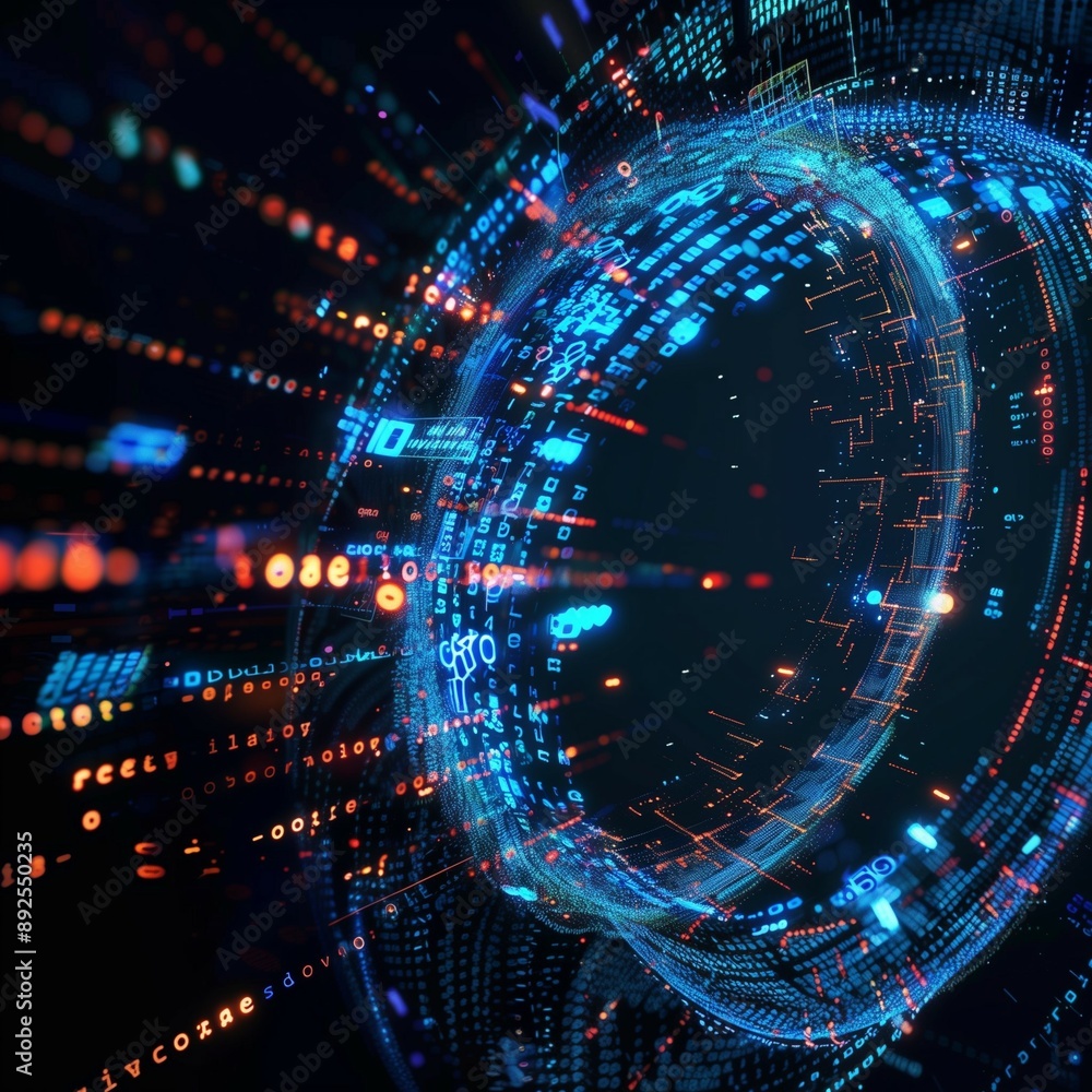 Obraz premium Futuristic digital interface with glowing blue circular hologram and high tech data visualization